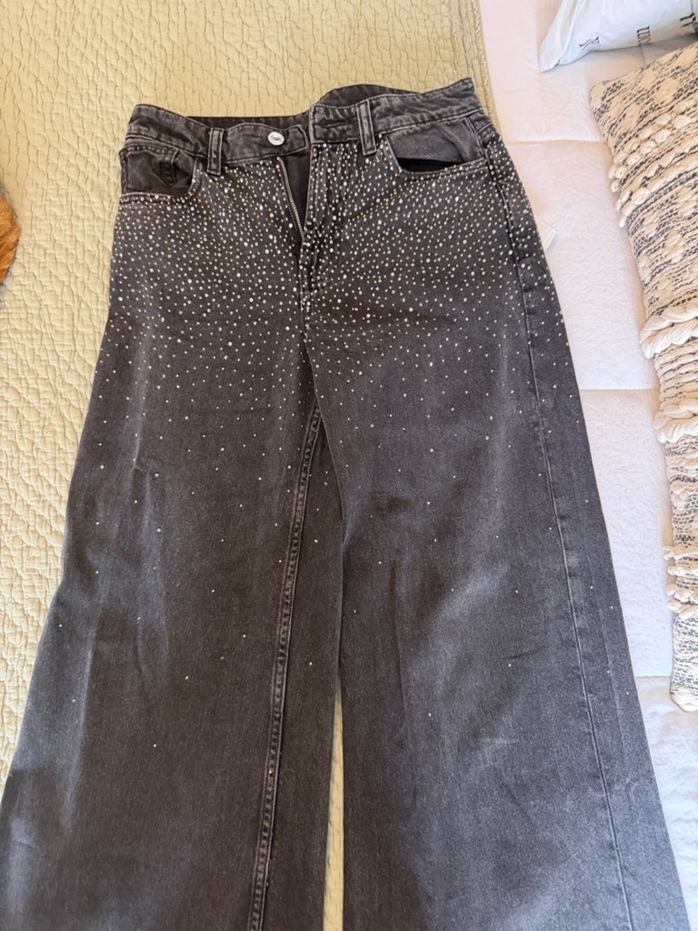 Zara Black Wide-Leg Jeans with Rhinestone Scatter